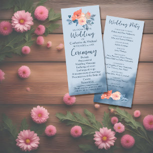 Dusty Blue & Coral Pink Watercolor Floral Wedding Programme