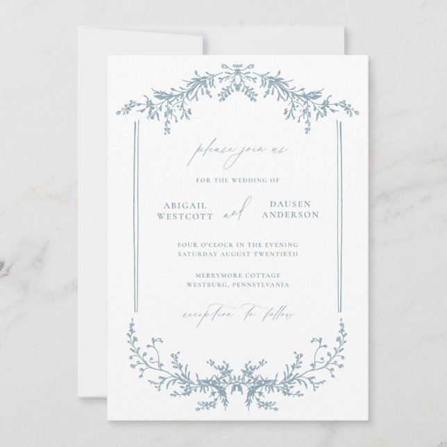 Dusty Blue Cottage Wedding Invitation Card Invite (Front)