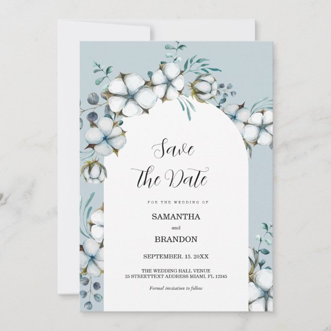Dusty Blue, cotton flowers, arch Save the Date Invitation (Front)