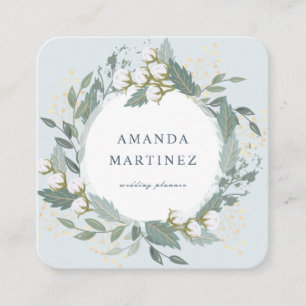 Dusty Blue Cotton Wreath Square Business Card