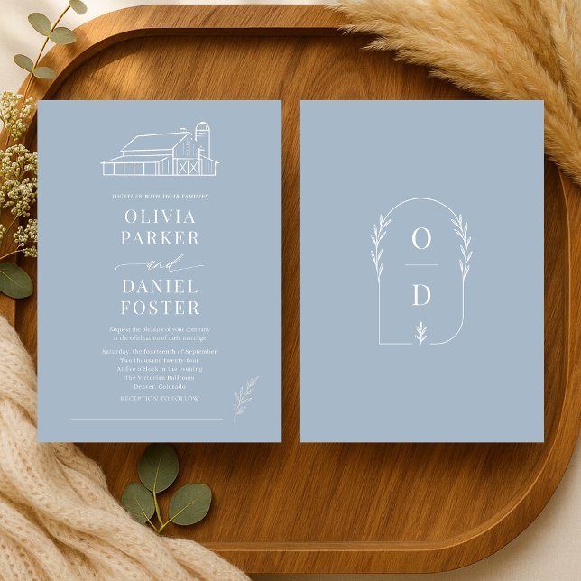 Dusty Blue Country Farmhouse Line Art Wedding Invitation (Creator Uploaded)