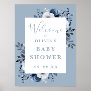 Dusty Blue Country Floral Baby Shower Welcome Sign