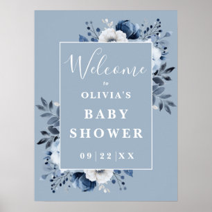 Dusty Blue Country Floral Baby Shower Welcome Sign