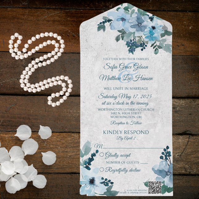 Dusty Blue Country Floral QR Code All In One Invitation (Creator Uploaded)