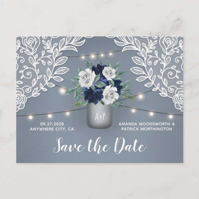 Dusty Blue Country Lace Mason Jar Save the Date Announcement Postcard (Front)
