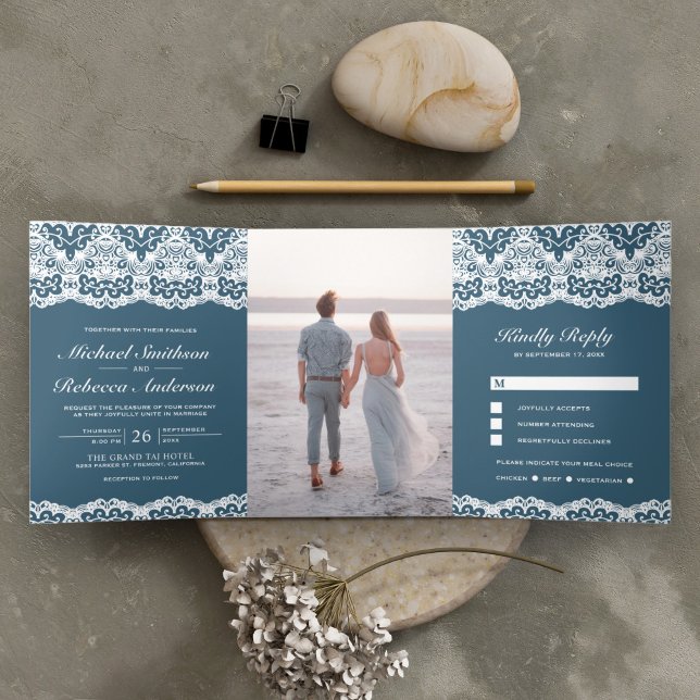 Dusty Blue Country White Lace All in One Wedding Tri-Fold Invitation (Creator Uploaded)