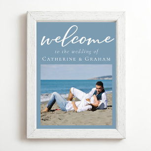 Dusty Blue Couple Photo Minimalist Wedding Poster