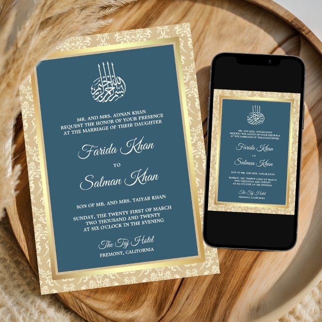 Dusty Blue Cream Damask Islamic Muslim Wedding Invitation (Creator Uploaded)
