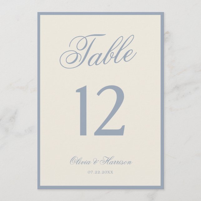 Dusty Blue Cream Elegant Wedding Table Number (Front)