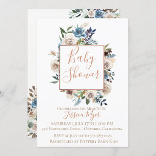 Dusty Blue Cream Floral Baby Shower Invitation