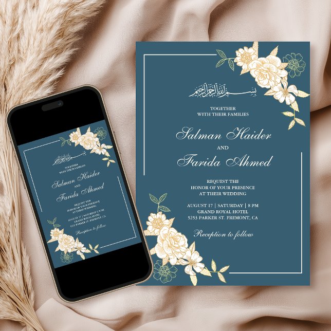 Dusty Blue Cream Floral Branch Muslim Wedding Invitation (Creator Uploaded)