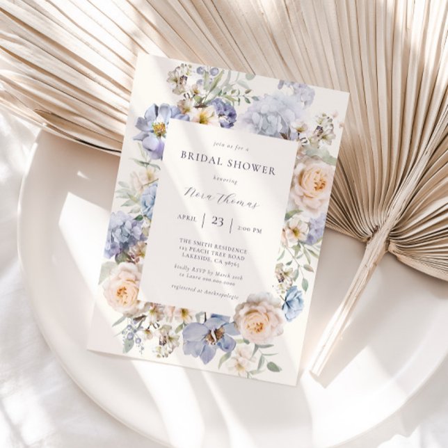 Dusty Blue Cream Floral Bridal Shower Invitation (Creator Uploaded)