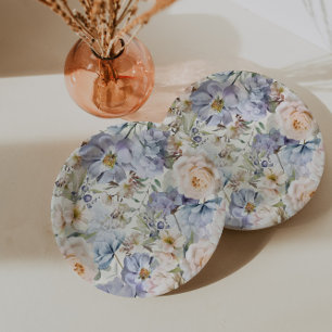 Dusty Blue Cream Floral Bridal Shower Paper Plate