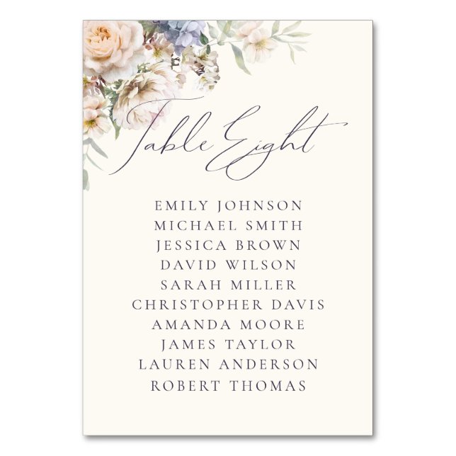 Dusty Blue Cream Floral Table Eight Guest Names Number (Front)