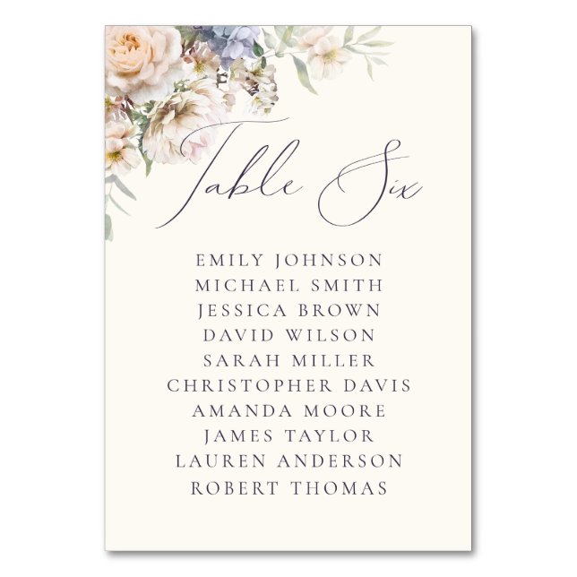 Dusty Blue Cream Floral Table Six Guest Names Table Number (Front)