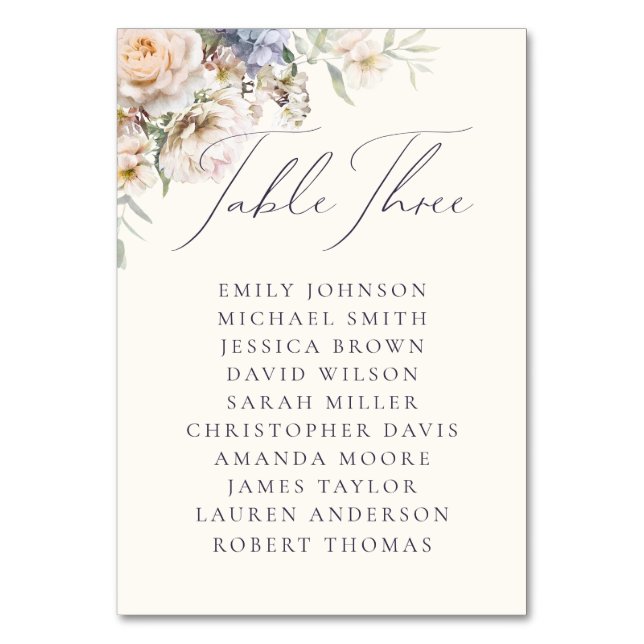 Dusty Blue Cream Floral Table Three Guest Names Number (Front)