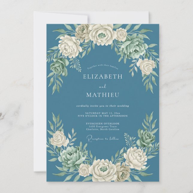 Dusty Blue Cream Floral Wedding Invitation (Front)