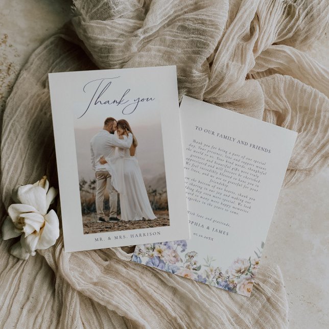 Dusty Blue Cream Floral Wedding Photo  Thank You Card (Creator Uploaded)