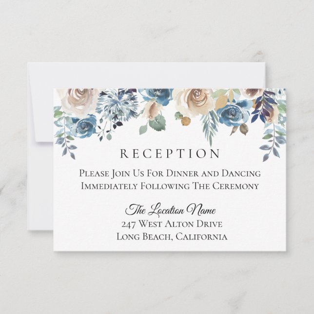 Dusty Blue Cream Floral Wedding Reception Invitation (Front)