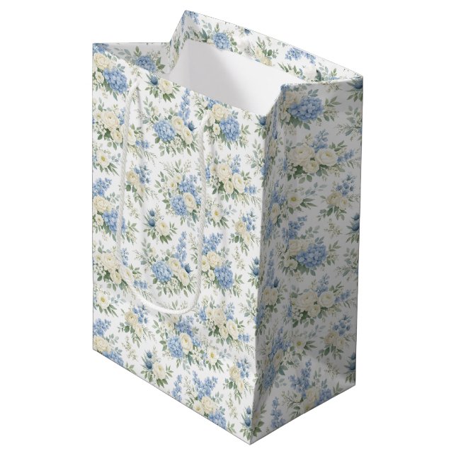 Dusty Blue Cream Florals Wedding Bridal Shower Medium Gift Bag (Front Angled)