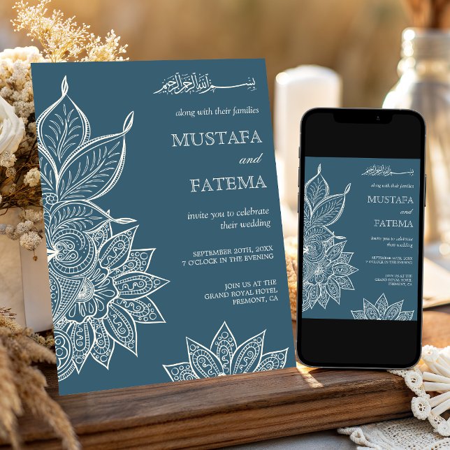 Dusty Blue Cream Mehndi Henna Muslim Wedding Invitation (Creator Uploaded)