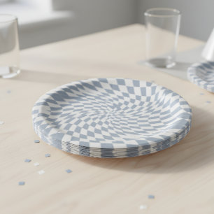 Dusty Blue & Cream Warped Checkered Swirl Hypnotic Paper Plate