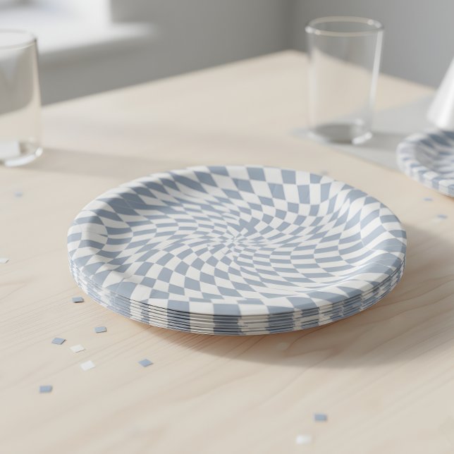 Dusty Blue & Cream Warped Checkered Swirl Hypnotic Paper Plate (Creator Uploaded)