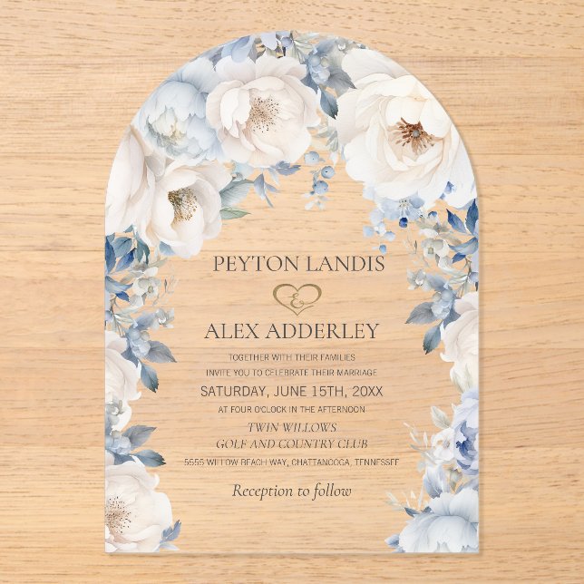 Dusty Blue Cream White Floral Gold Arch Wedding Acrylic Invitations (Front)