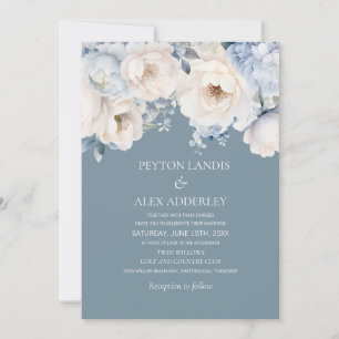 Dusty Blue Cream White Floral Wedding Invitation