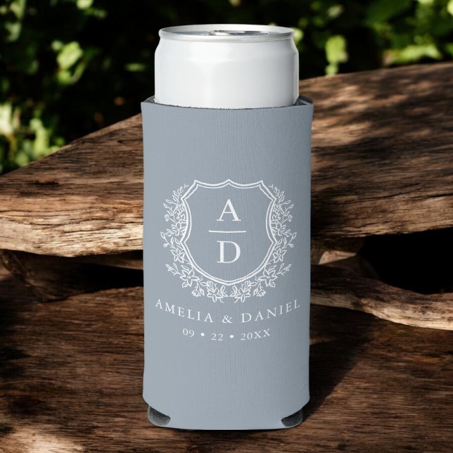 Dusty Blue Crest Botanical Monogram Wedding  Seltzer Can Cooler (Creator Uploaded)
