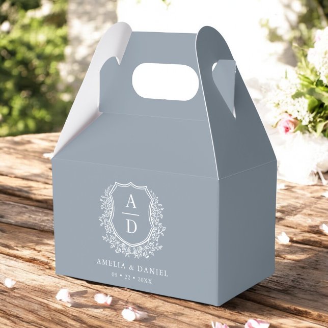 Dusty Blue Crest Floral Monogram Wedding Modern Favour Box (Creator Uploaded)