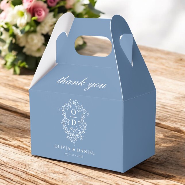 Dusty Blue Crest Floral Monogram Wedding Modern Favour Box (Creator Uploaded)