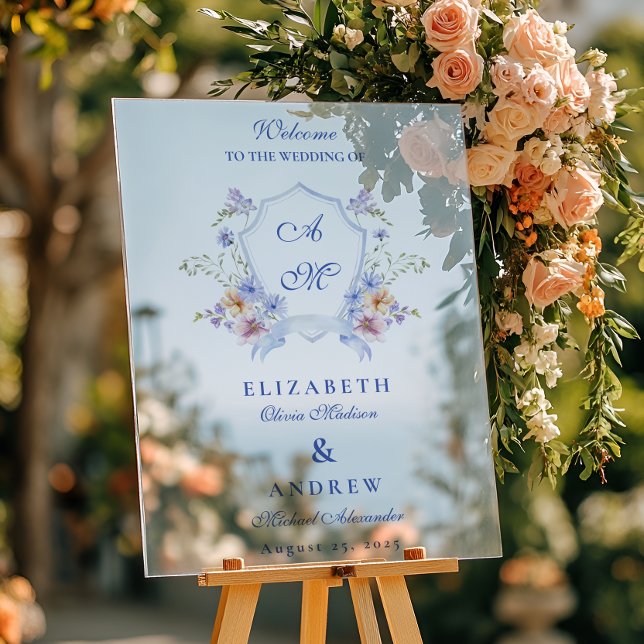 Dusty Blue Crest Floral Wedding Acrylic Sign (Creator Uploaded)