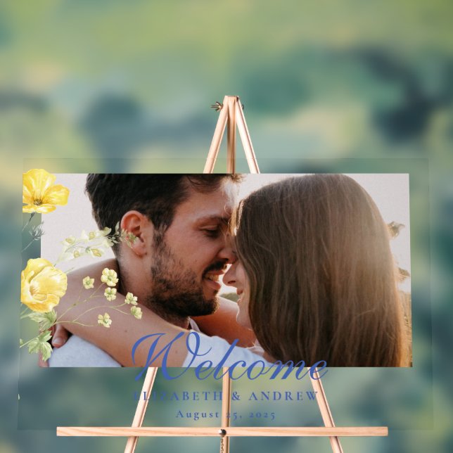 Dusty Blue Crest Floral Wedding Acrylic Sign (Neutral)