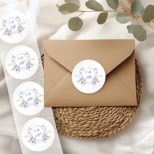 Dusty Blue Crest Floral Wedding Classic Round Sticker