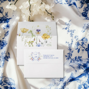 Dusty Blue Crest Floral Wedding Envelope