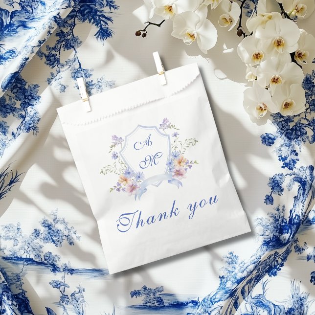 Dusty Blue Crest Floral Wedding Favour Bags (Creator Uploaded)
