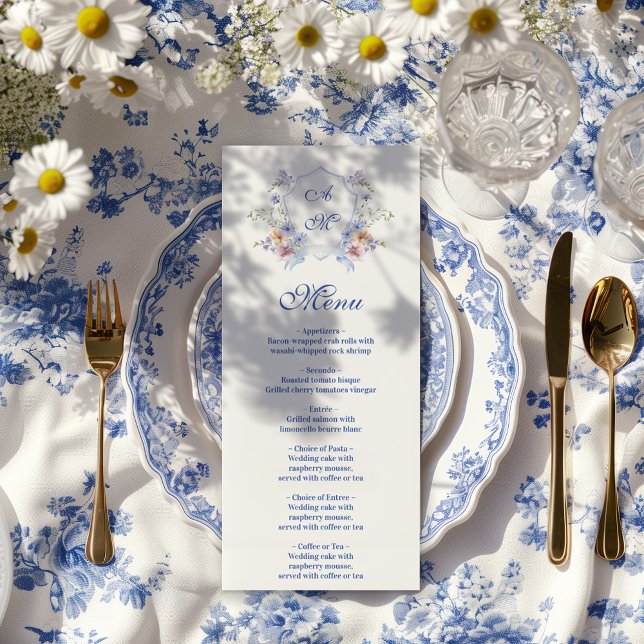 Dusty Blue Crest Floral Wedding Menu (Creator Uploaded)