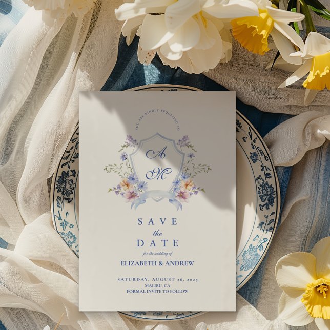 Dusty Blue Crest Floral Wedding Save The Date (Creator Uploaded)