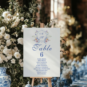Dusty Blue Crest Floral Wedding Table Number