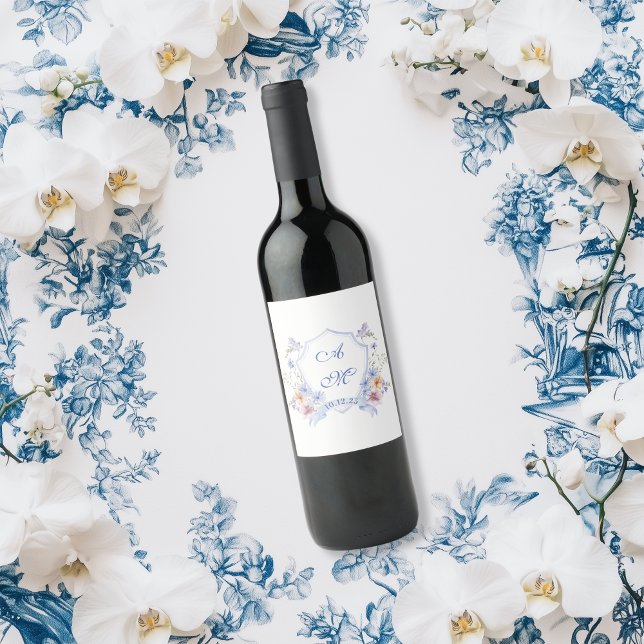 Dusty Blue Crest Floral Wedding Wine Label (Creator Uploaded)