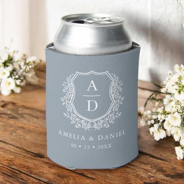 Dusty Blue Crest Modern Monogram Wedding  Can Cooler (Creator Uploaded)