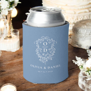 Dusty Blue Crest Modern Monogram Wedding Can Cooler
