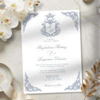 Dusty Blue Crest Monogram Regal Scrollwork Wedding