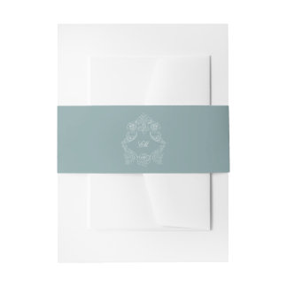 Dusty Blue Crest Monogram Wedding Invitation Belly Band
