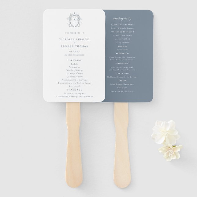 Dusty Blue Crest Monogram Wedding Program Hand Fan (Front and Back)