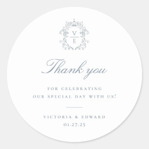 Dusty Blue Crest Monogram Wedding Thank You Classic Round Sticker