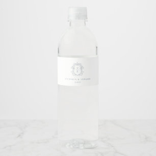 Dusty Blue Crest Monogram Wedding Water Bottle Label