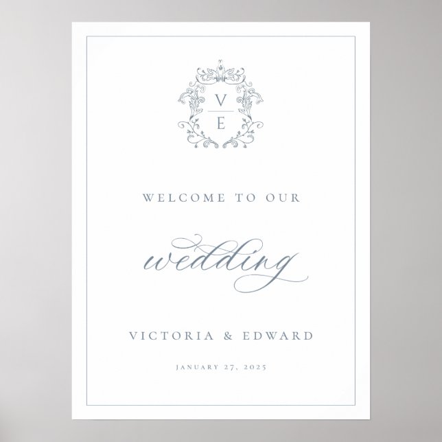 Dusty Blue Crest Monogram Wedding Welcome Poster (Front)