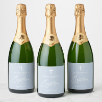 Dusty Blue Cross Baptism Sparkling Wine Bottle Lab